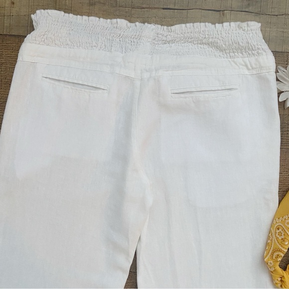 White Linen Blend Drawstring Pants Smocked Waist Flared by Lovetree - Picture 9 of 13